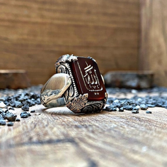 Arabic Allah Written Red Agate Sterling Silver Men's Ring