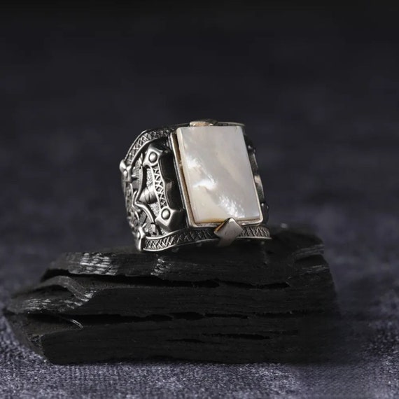 Engraved Mother-of-Pearl Stone Men's Ring: 925 Sterling Silver Jewelry