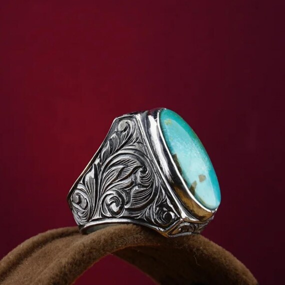 Handmade Turquoise Sterling Silver Ring: Engraved Detail Jewelry