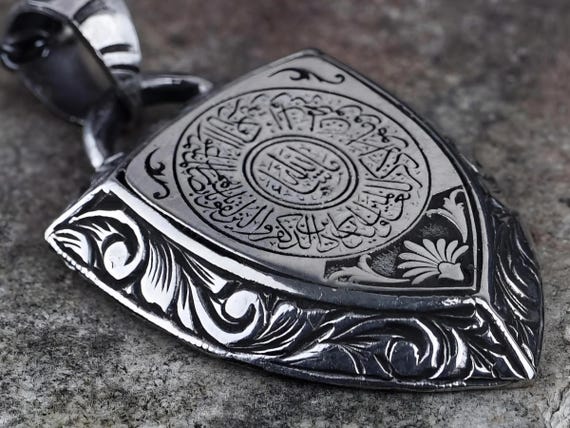 Sterling Silver Evil Eye Necklace: Arabic Verse Triangle Medallion