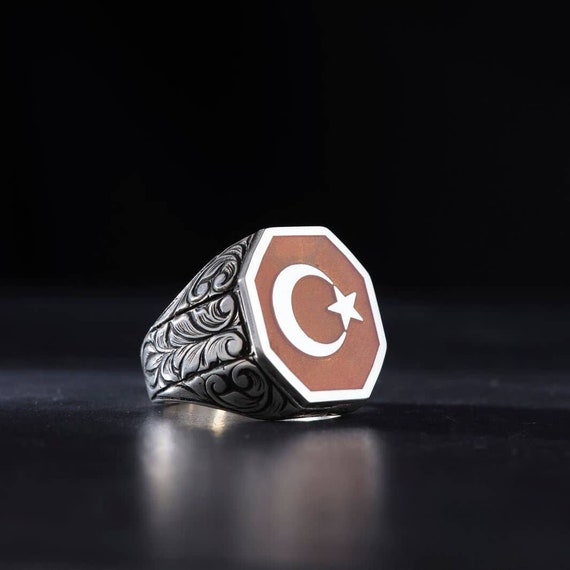 Red Moon Star Carved 925 Sterling Silver Mens Ring - Turkish Handmade Adjustable Ring