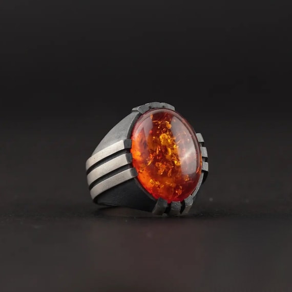 Men's Fire Amber Sterling Silver Ring: Ottoman Claw Design