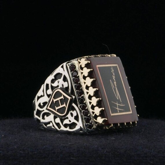 Personalized Fire Amber Sterling Silver Men's Ring: Engraved Initial Ring