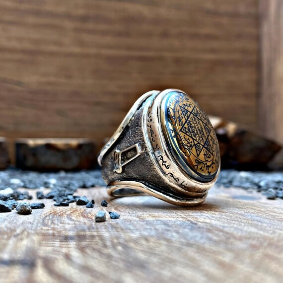 Solomon's Seal Hematite Stone Ring: 925 Sterling Silver, Adjustable