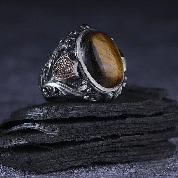 Tiger Eye Stone 925 Sterling Silver Men's Ring: Handmade, Adjustable