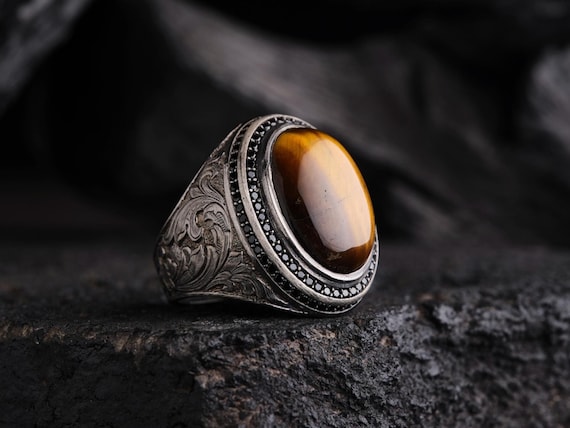 Handmade Tiger Eye Sterling Silver Men's Ring: Engraved Gemstone, Customizable