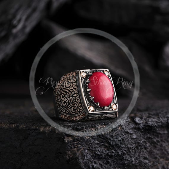 Coral Stone Ottoman Sterling Silver Ring: Engraved Statement Jewelry