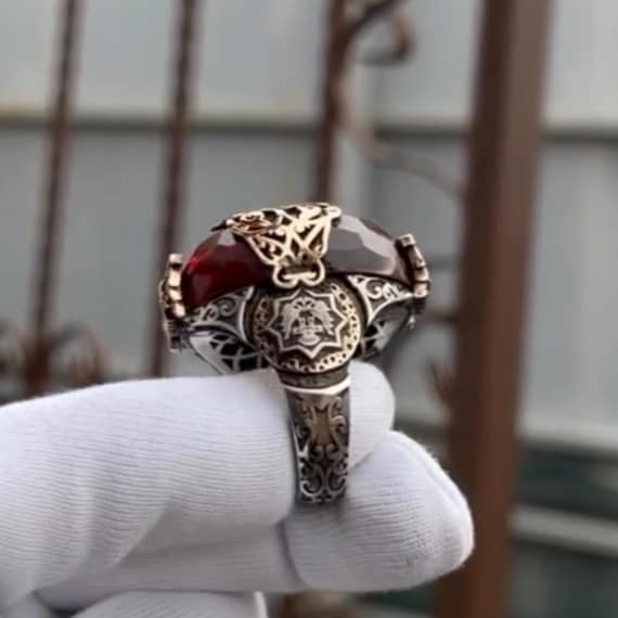 Handmade Zultanite Seljuk Flag Ring - 925 Sterling Silver Double Headed Eagle Ring