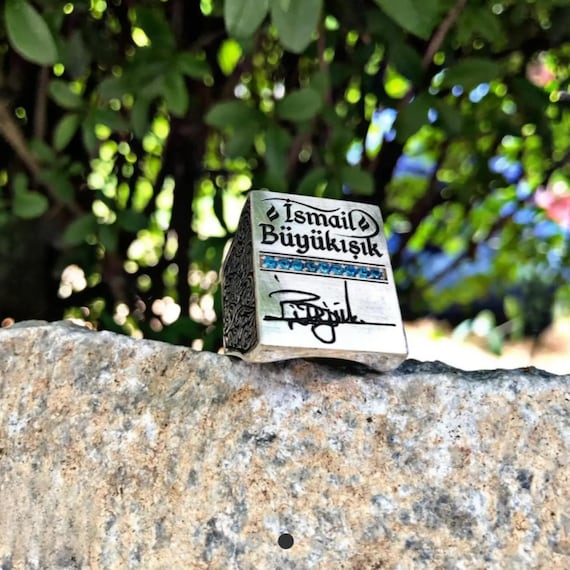 Engraved Sterling Silver Ring: Turquoise Stone, Personalized Signature