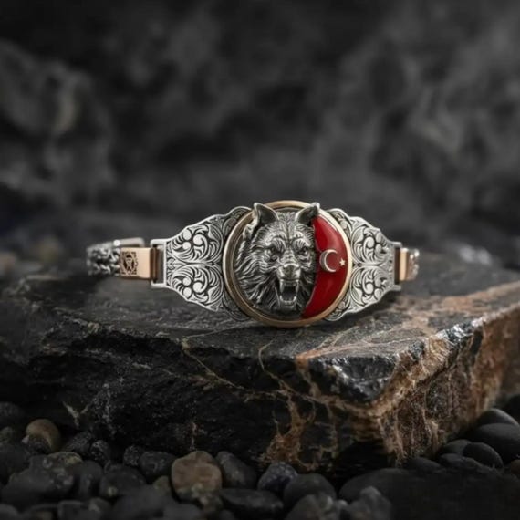 Bozkurt Turkish Wolf Bracelet, Crescent Star 925 Silver Mens Jewelry