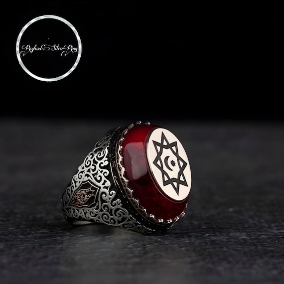 Turkish Handmade Ring for Men - Adjustable Silver Amber Ring with Ottoman Design