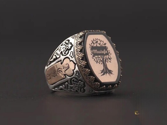 Sterling Silver Hexagonal Ring: Tree of Life, Custom Name Engraving