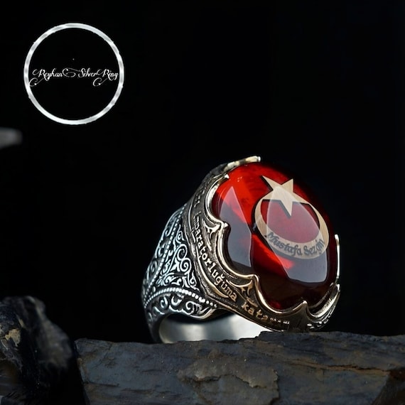 Red Amber Star Moon Men's Ring: Adjustable Ottoman Silver Jewelry