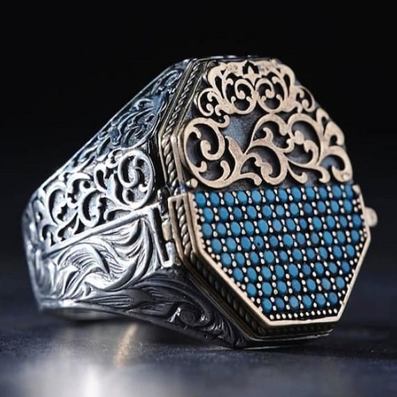 Turquoise Coated Sterling Silver Ayat al-Kursi Ring
