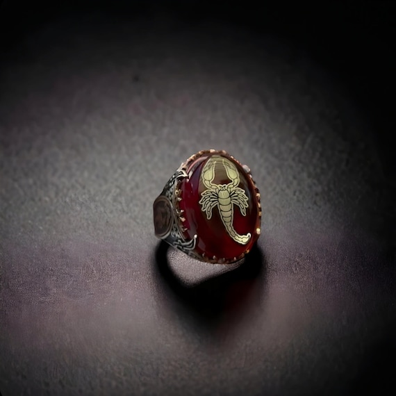 Engraved Scorpion King Red Amber Silver Ring: Symbol of Power