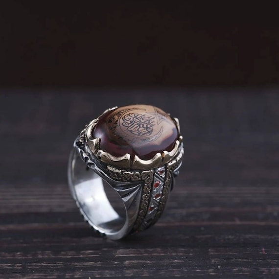 Handmade Sterling Silver Men's Ring: Arabic Inscription Amber Stone