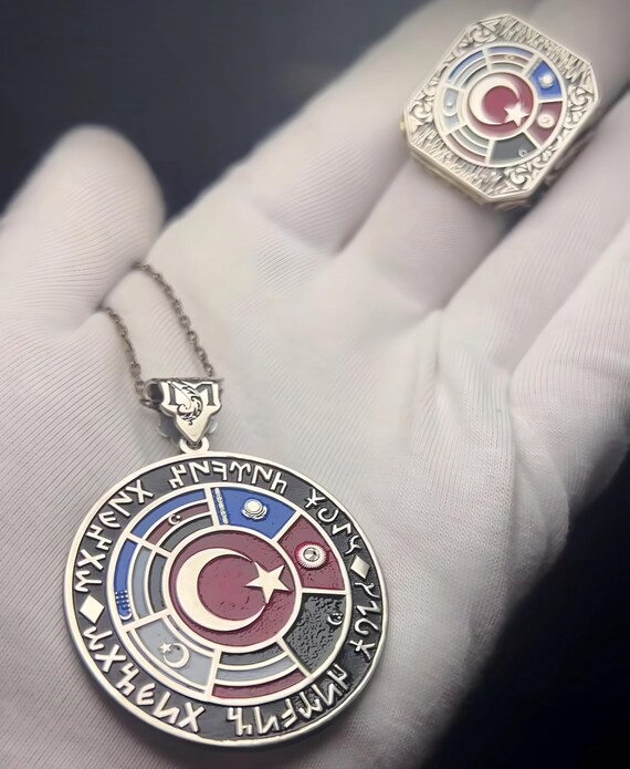 Sterling Silver Wolf Claw Ring & Medallion Set - Gokturk Script Heritage Jewelry