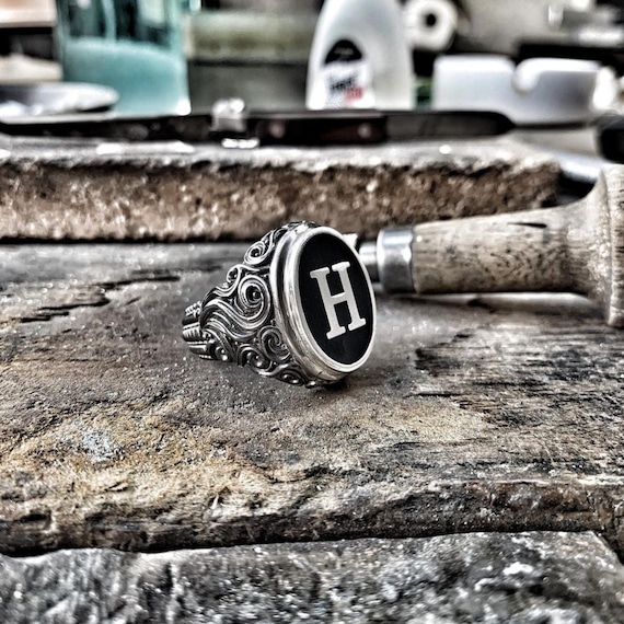 Engraved Initial Sterling Silver Ring: Personalized Gift for Men