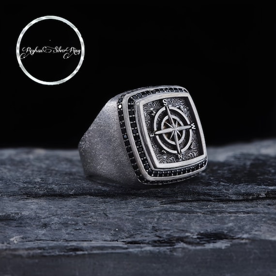 Sterling Silver Compass Ring: Celestial Navigation Jewelry, Personalized Band