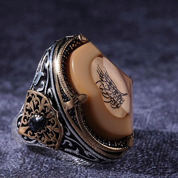 Handcrafted Amber Silver Men's Ring, Custom Mid-Century Boho Jewelry