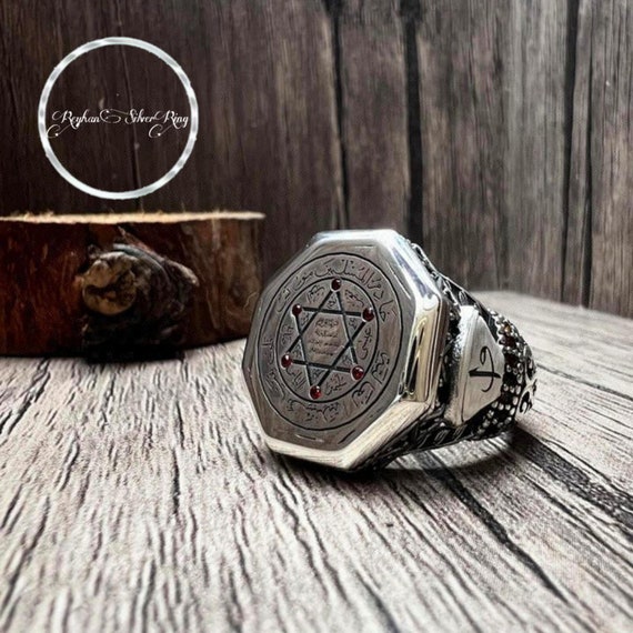 Personalized Sterling Silver Solomon Seal Ring with Garnet Stones