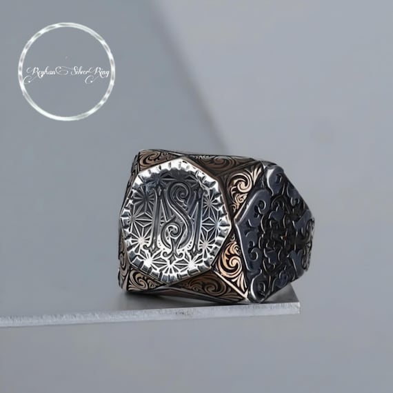 Monogram Octagon Sterling Silver Ring - Custom Initial Engraving