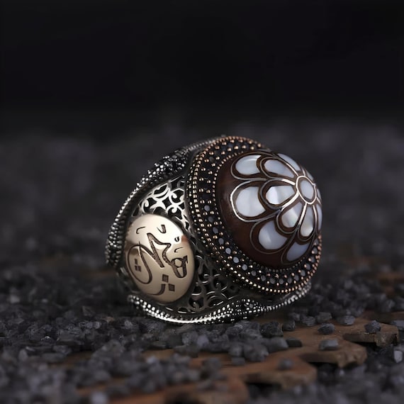Sterling Silver Mevlana Ring: Islamic Inlay, Walnut Wood Gift