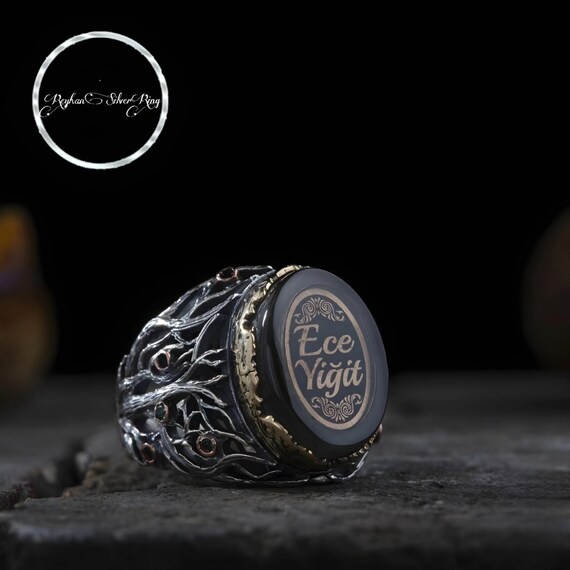 Custom Sterling Silver Ring: Green Amber Stone, Engraved Family Tree