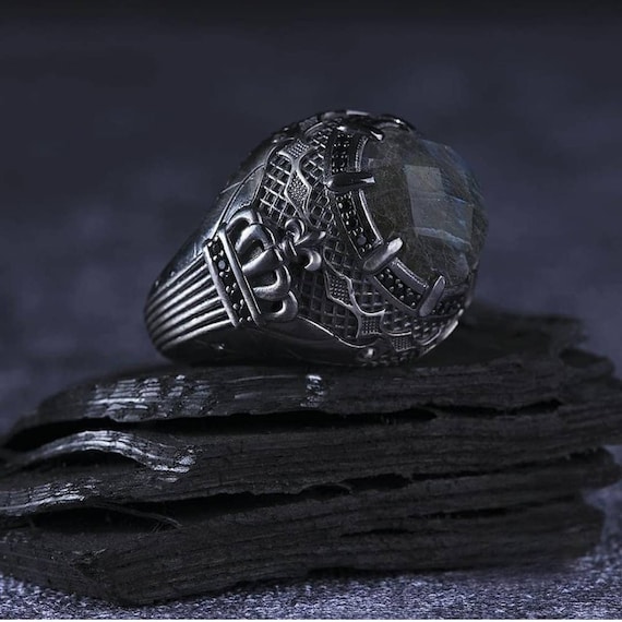Labradorite Stone Silver Men's Ring: Adjustable Turkish Design