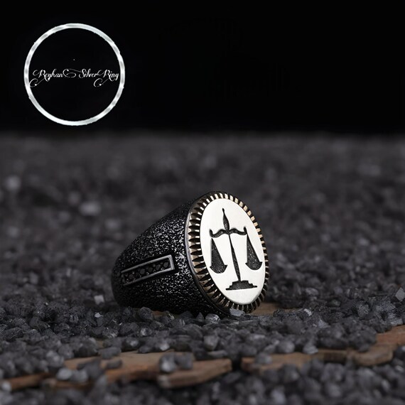 Scales of Justice Ring: Black Zircon 925 Sterling Silver, Law Gift