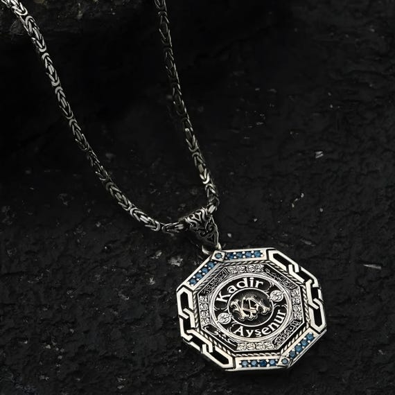 Personalized Arabic Name Necklace – Sterling Silver, Blue Topaz Medallion