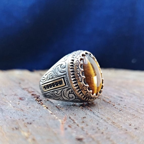 Big Tiger Eye Stone Ring for Men - Adjustable Silver Band