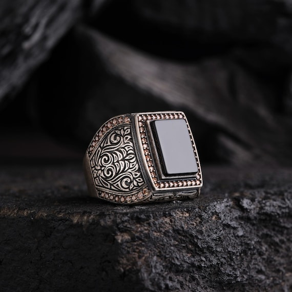 Black Onyx Sterling Silver Ring: Coral & Micro Stone Inlay, Oxidized Finish