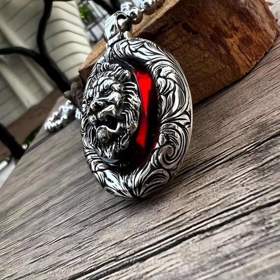 3D Lion Silver Necklace with Red Fire Amber Stones