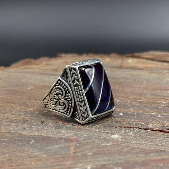 Blue Amber Ring for Men, 925 Sterling Silver Handmade Band, Vintage Mens Statement Jewelry