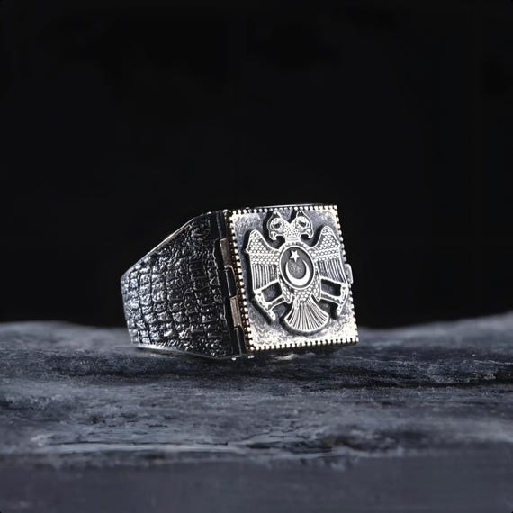 Silver Hidden Split Ring, Oguz Paper Seal, Double Head Eagle Ring