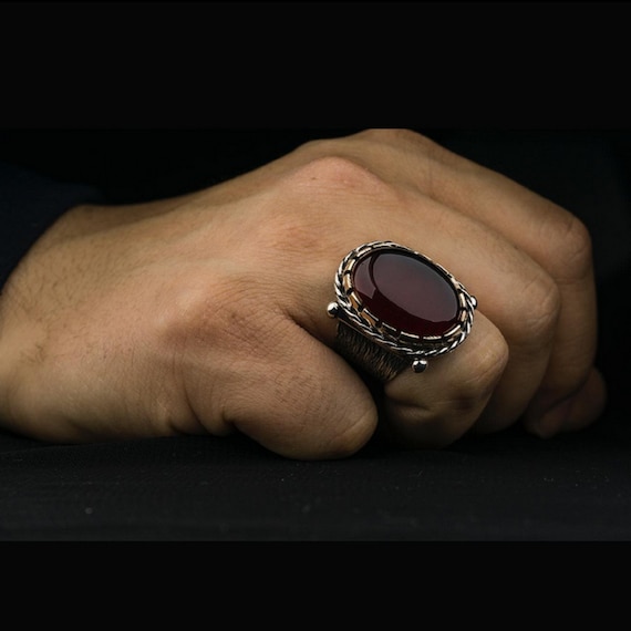 Authentic Sterling Silver Red Amber Ring - Handcrafted Unisex Ring