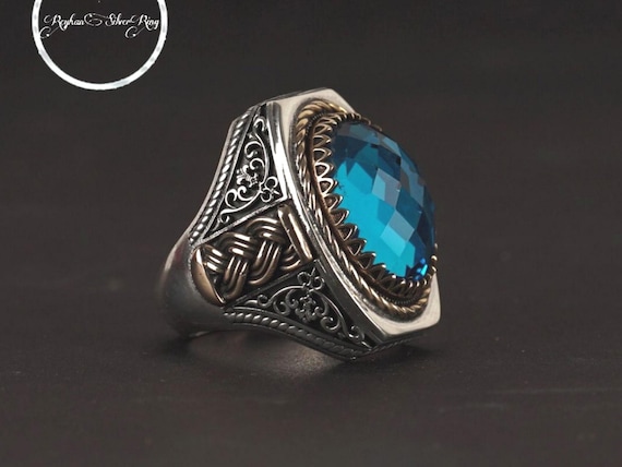 Engraved Sterling Silver Ring: Large Blue Zircon Stone, Handmade Jewelry