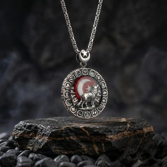 Wolf Pendant Necklace, Turkish States Symbol, 925 Sterling Silver