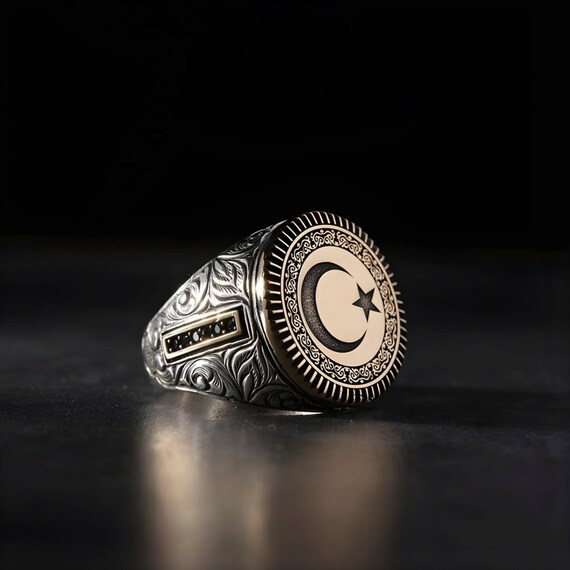 Handmade Sterling Silver Moon & Star Ring - Turkish Engraved Design