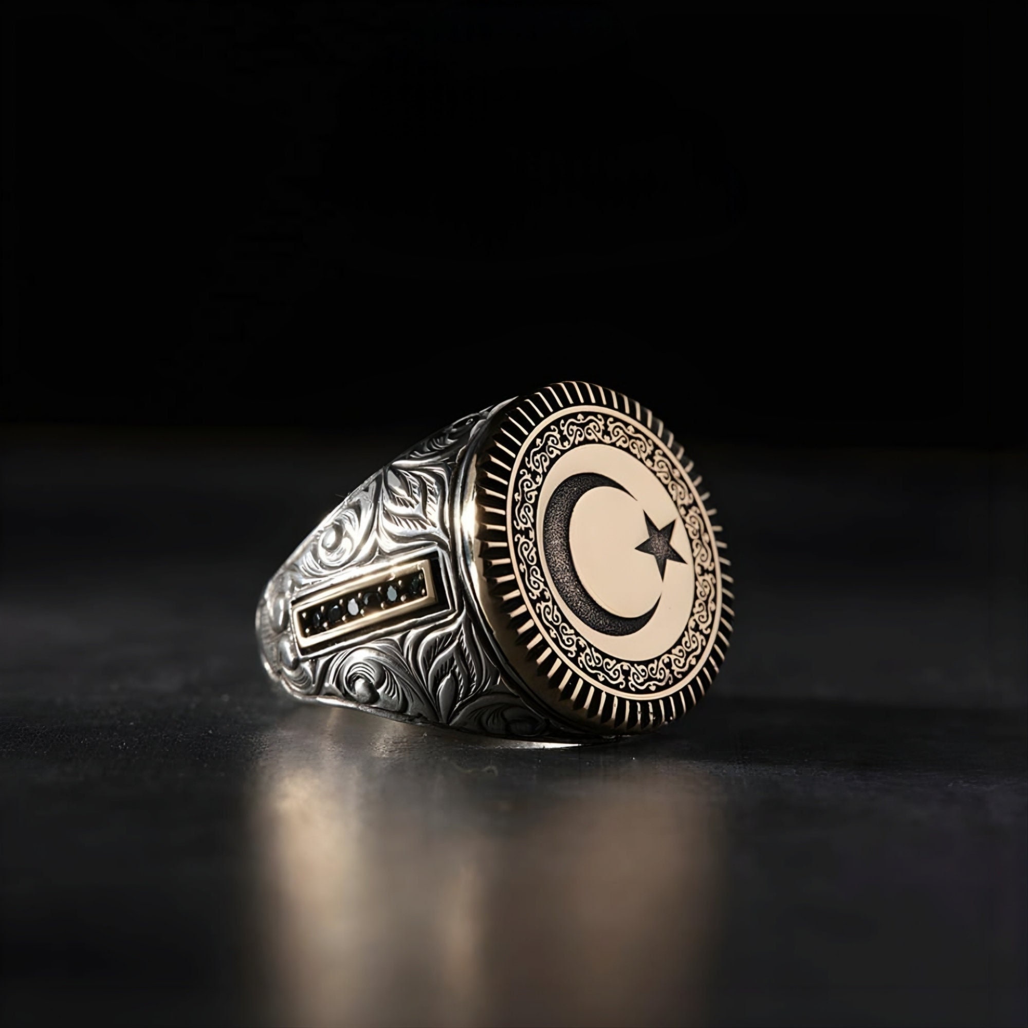 Moon Star Ring for Men, Crescent Moon Ring Silver Black
