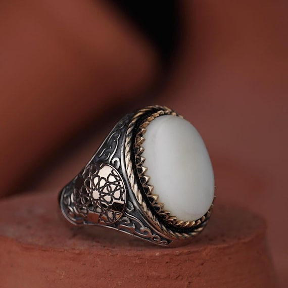 Sterling Silver Men's Ring: White Mother of Pearl, Engraved Design