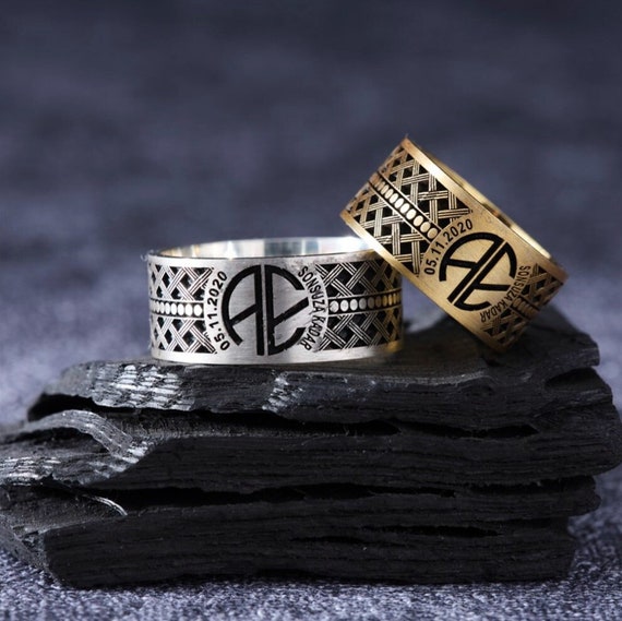 Personalized Wedding Band - Custom Engraved Gold and Silver Ring