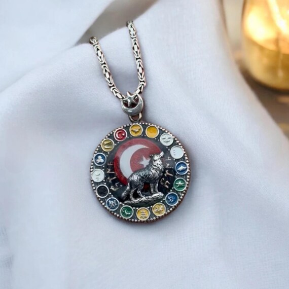 Wolf Pendant Necklace, Turkish States Symbol, 925 Sterling Silver