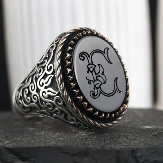 Sterling Silver Initial Ring: Engraved Black Agate, Personalized Jewelry