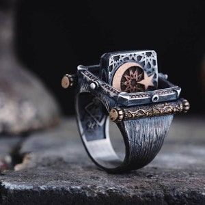 Anillo de plata con luna y estrella personalizado / Joyas minimalistas con sello otomano, regalo para él