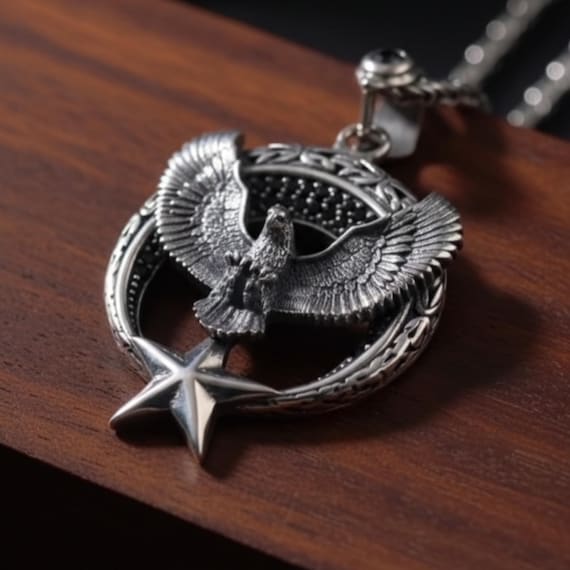 Silver Eagle Crescent and Star Necklace, Turkish Flag Jewelry for Men, Seljuk Eagle Pendant