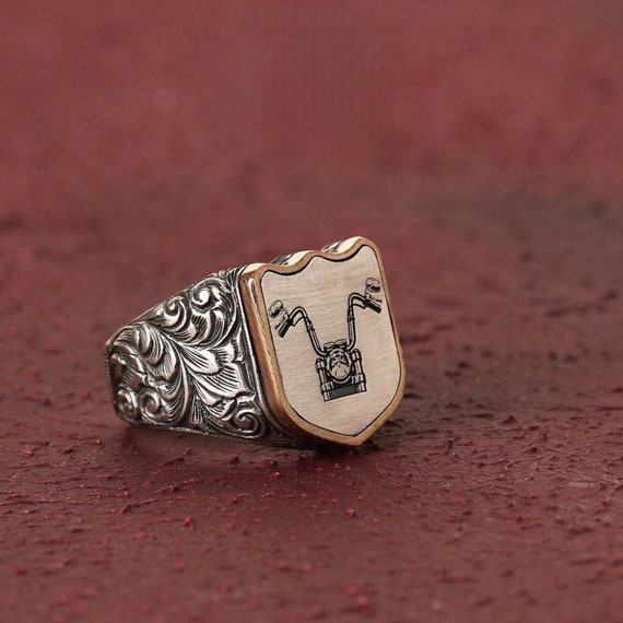 Engraved Motorcycle 925 Sterling Silver Biker Ring