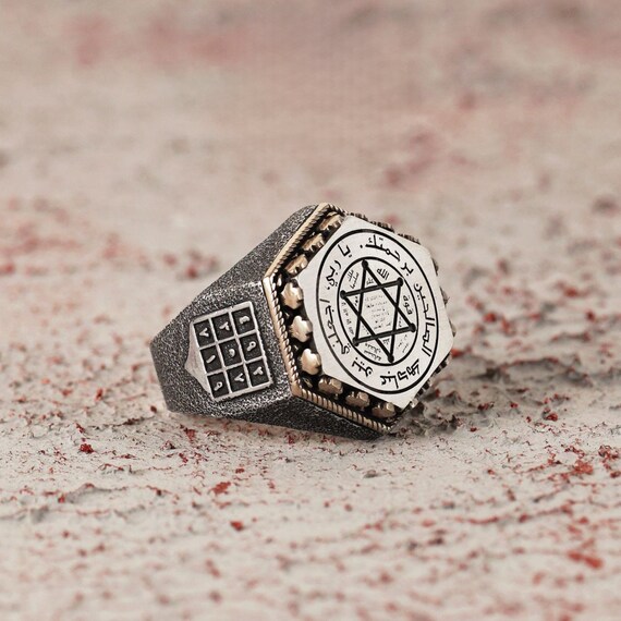 Men's Hexagonal Sterling Silver Ring: Seal of Solomon, Ebjat Calendar