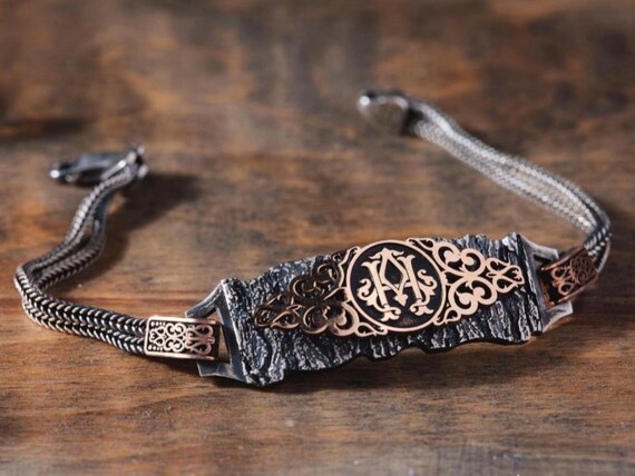 Personalized Sterling Silver Bracelet with Initial – Tree Bark Texture Design